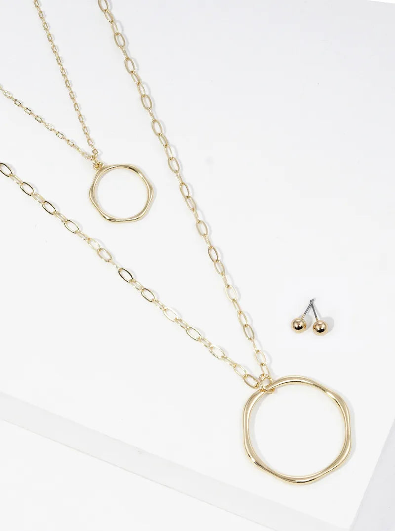 Rounded Double Hexagon Pendant Layered Long Necklace Set With Earrings