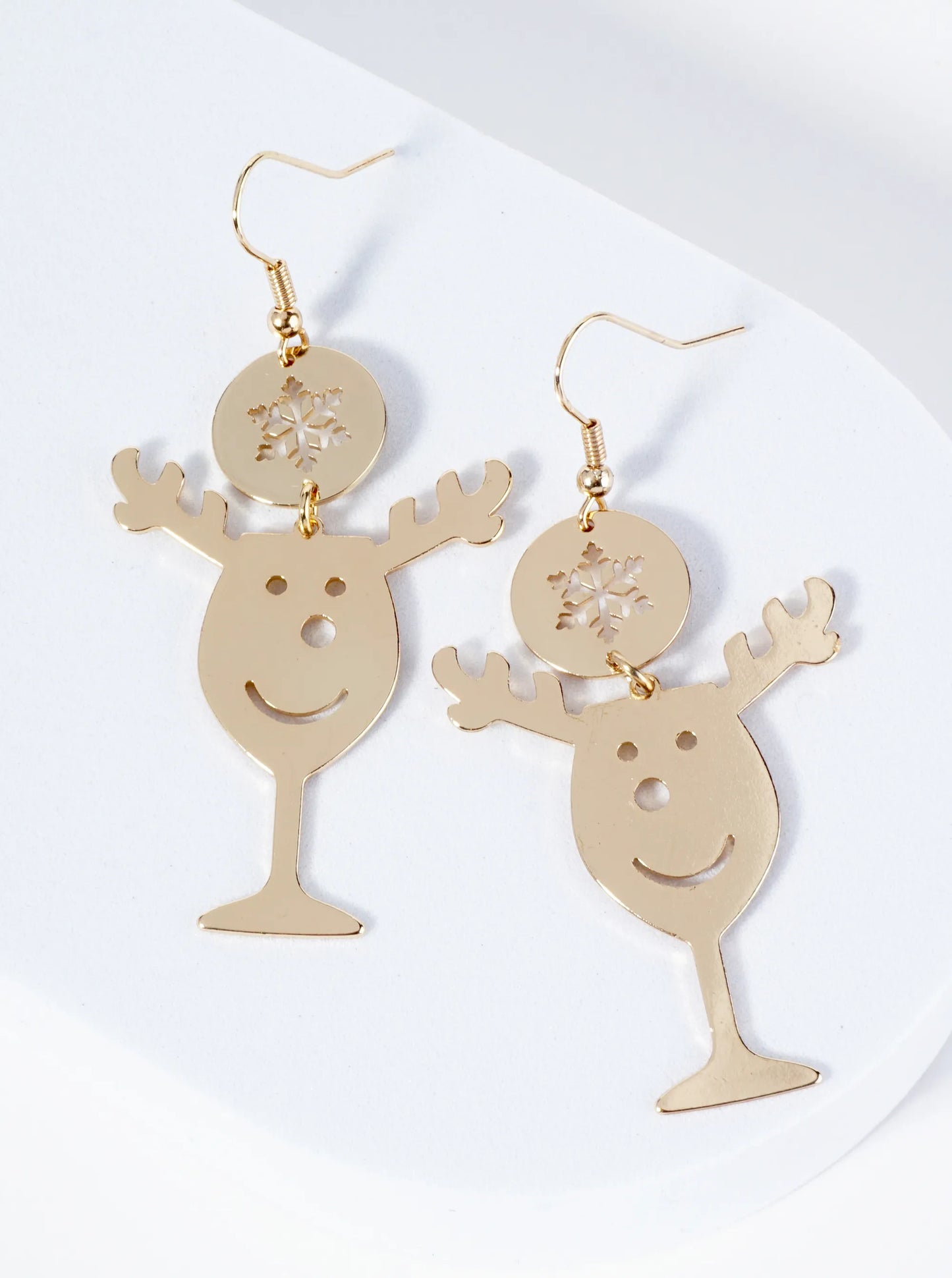 Rudolph Face Cutout In A Wine Glass Snowflake Drop Earrings