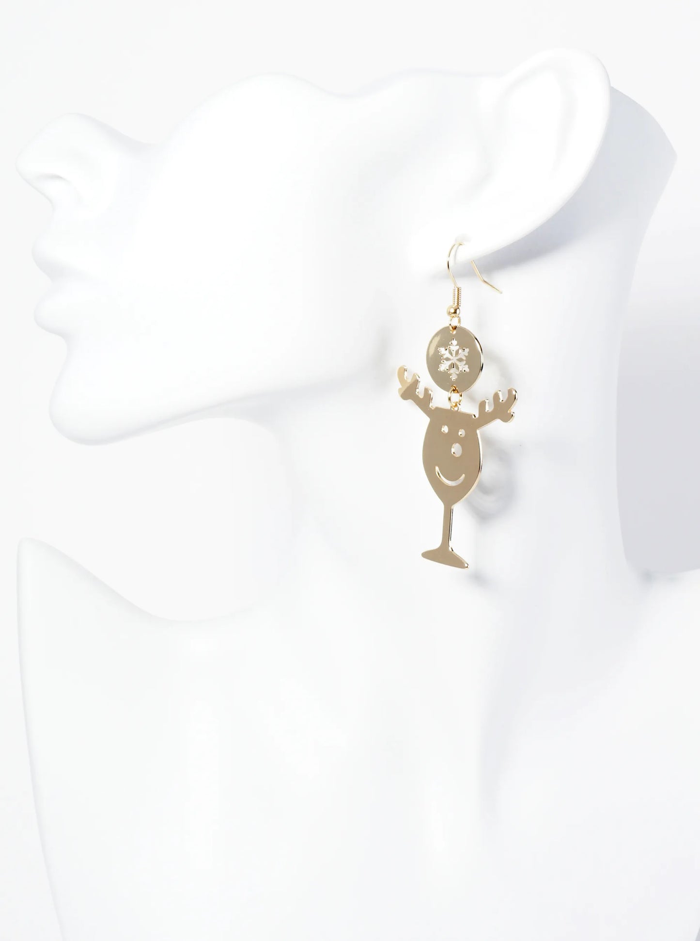 Rudolph Face Cutout In A Wine Glass Snowflake Drop Earrings