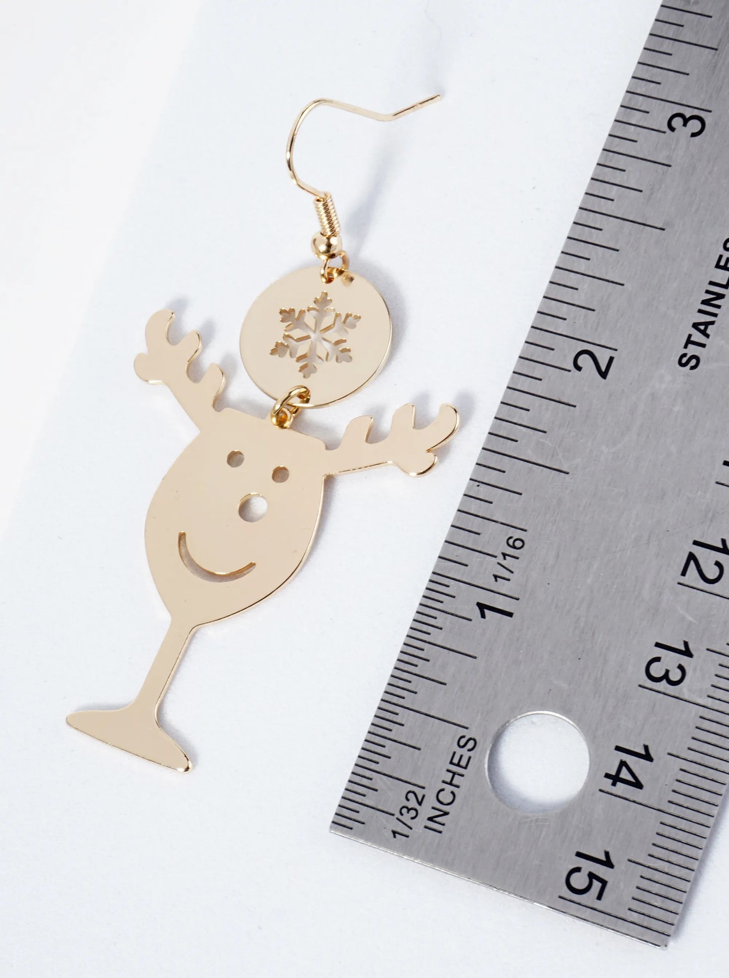 Rudolph Face Cutout In A Wine Glass Snowflake Drop Earrings