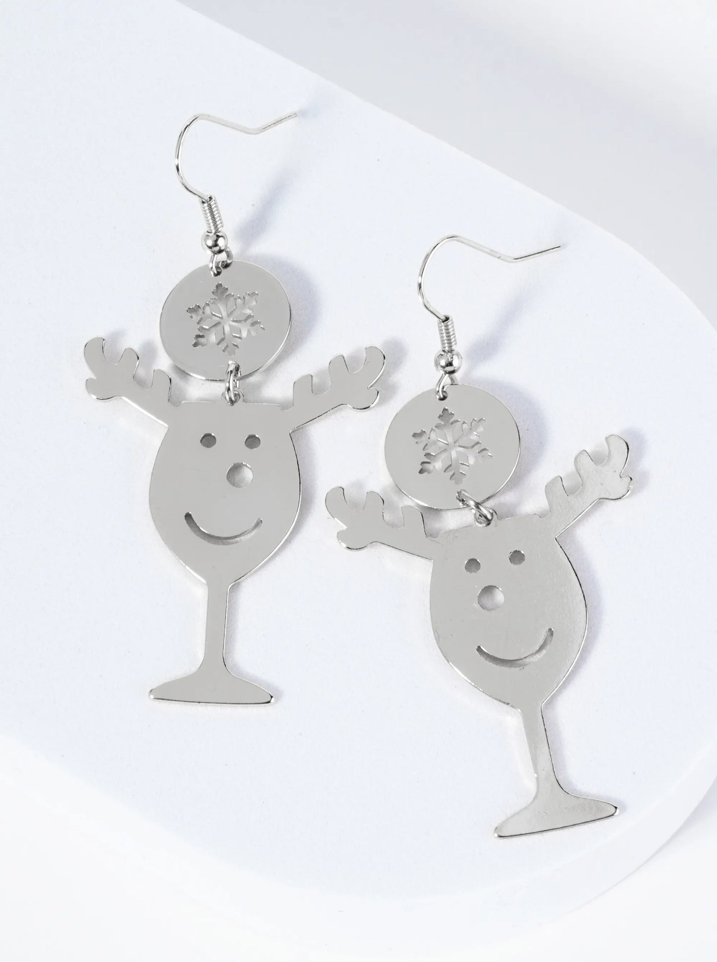 Rudolph Face Cutout In A Wine Glass Snowflake Drop Earrings