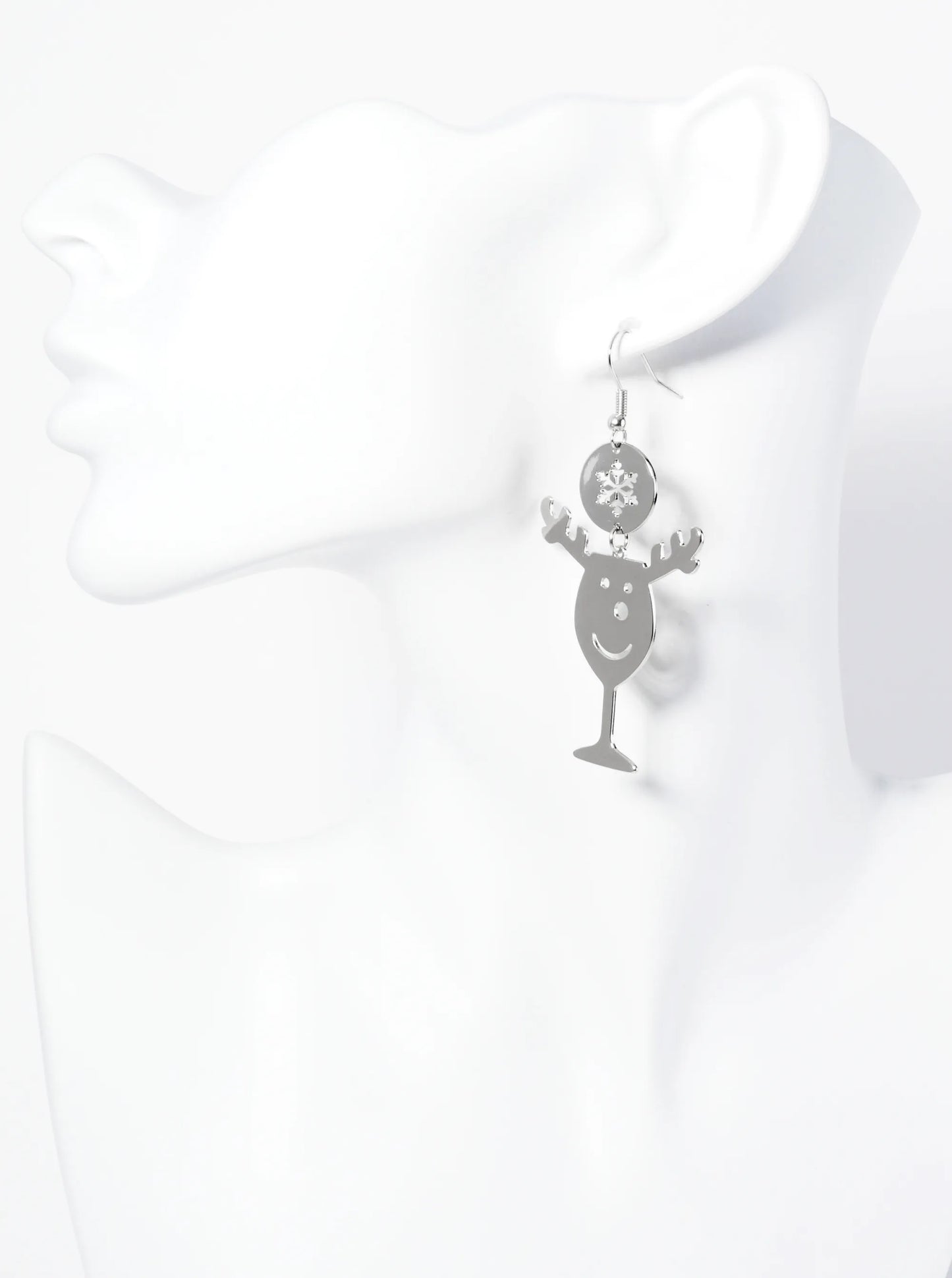 Rudolph Face Cutout In A Wine Glass Snowflake Drop Earrings