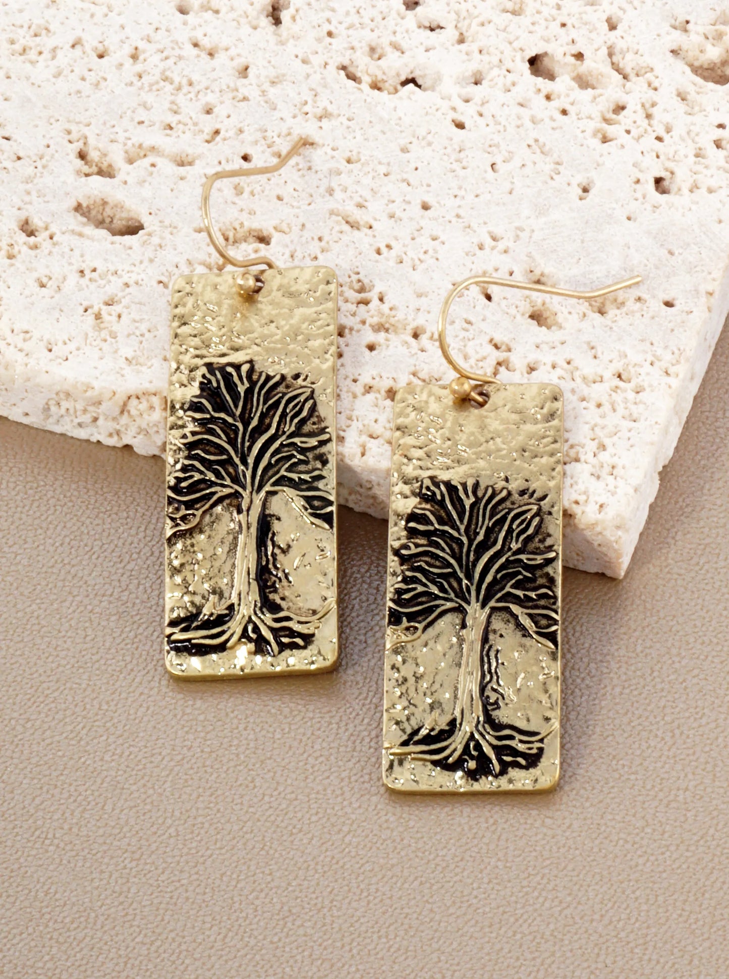 Rustic Embossed Tree Of Life Rectangular Drop Earrings