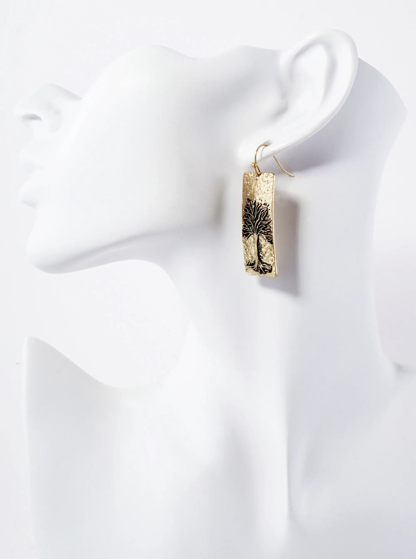 Rustic Embossed Tree Of Life Rectangular Drop Earrings