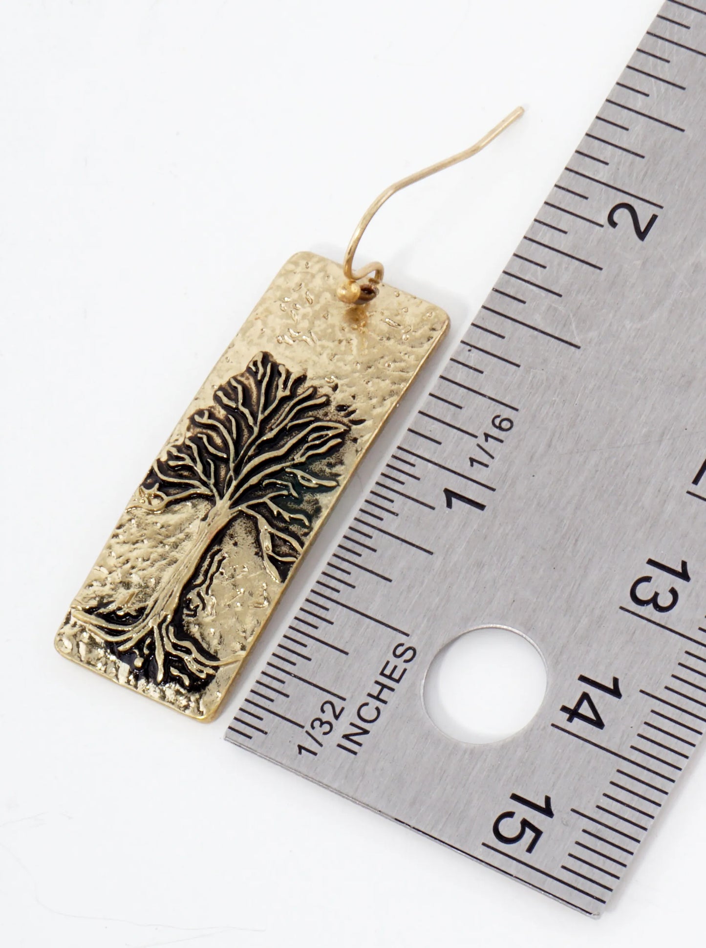 Rustic Embossed Tree Of Life Rectangular Drop Earrings