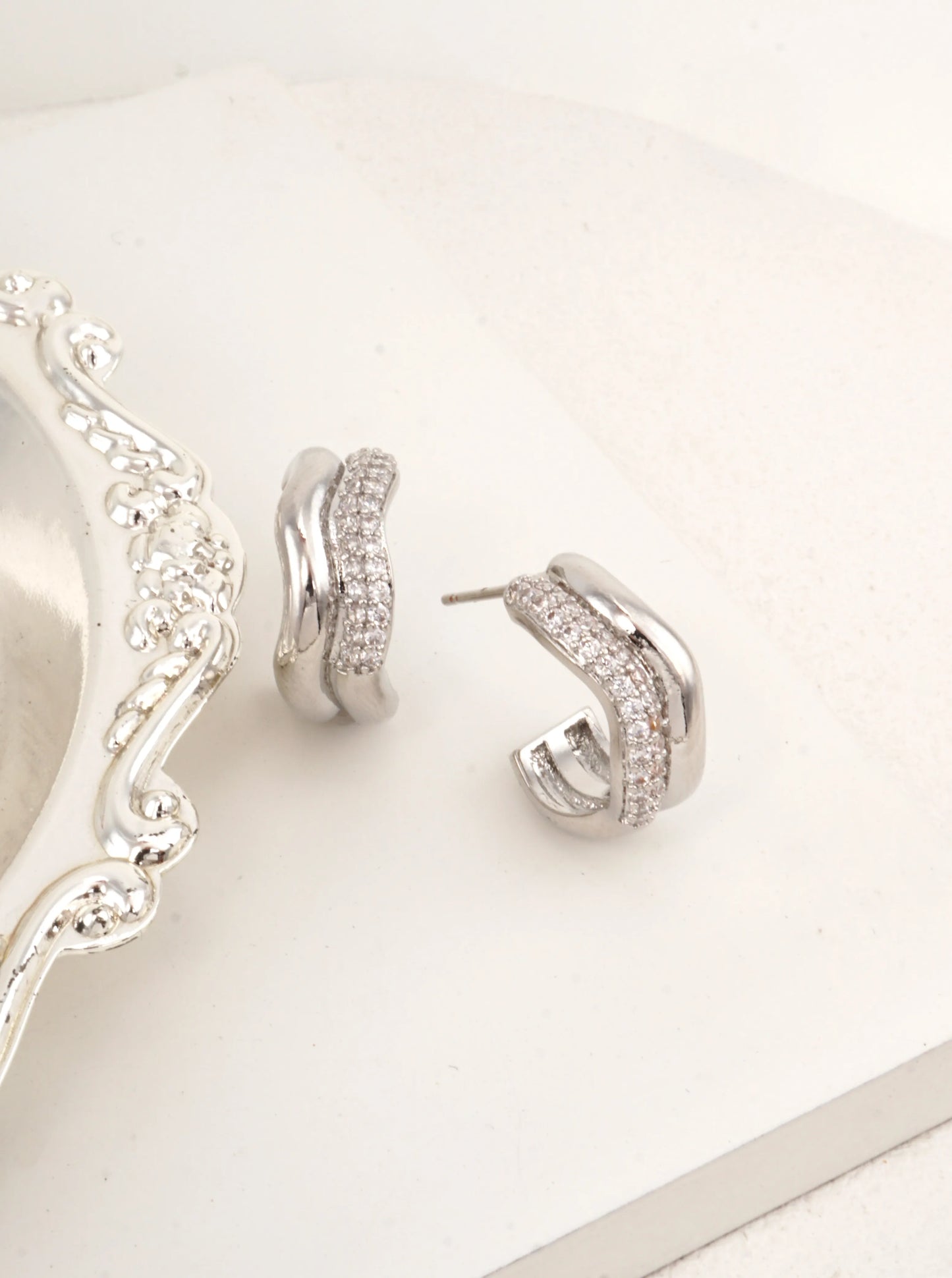 White Gold Dipped Double Row Pave Hoop Earrings