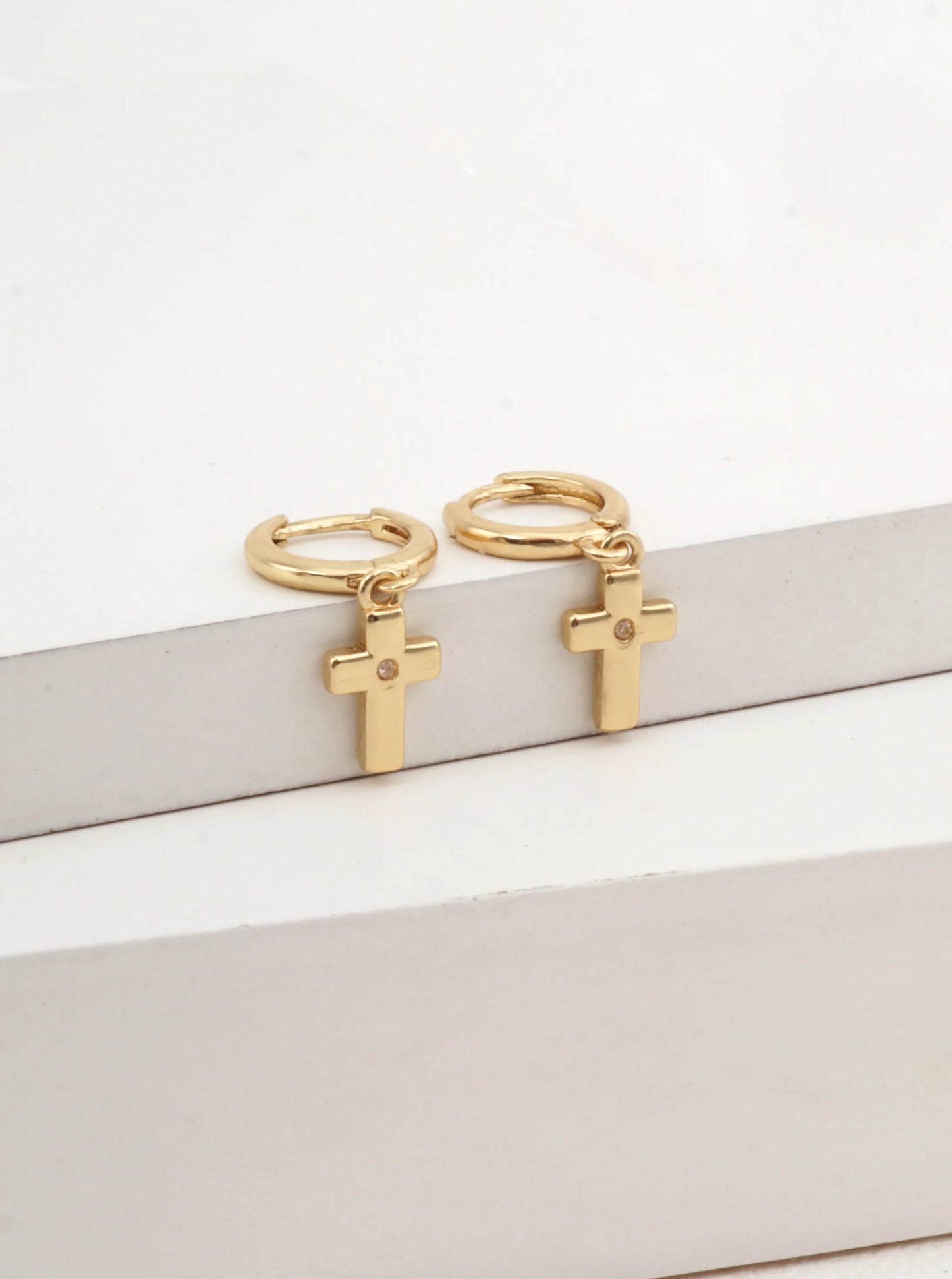 14K Gold-Dipped Cross Charm Huggie Earrings