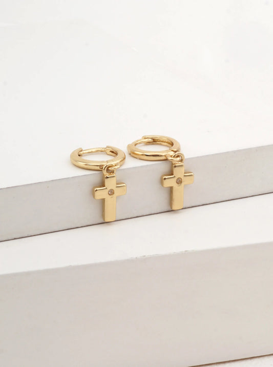 14K Gold-Dipped Cross Charm Huggie Earrings
