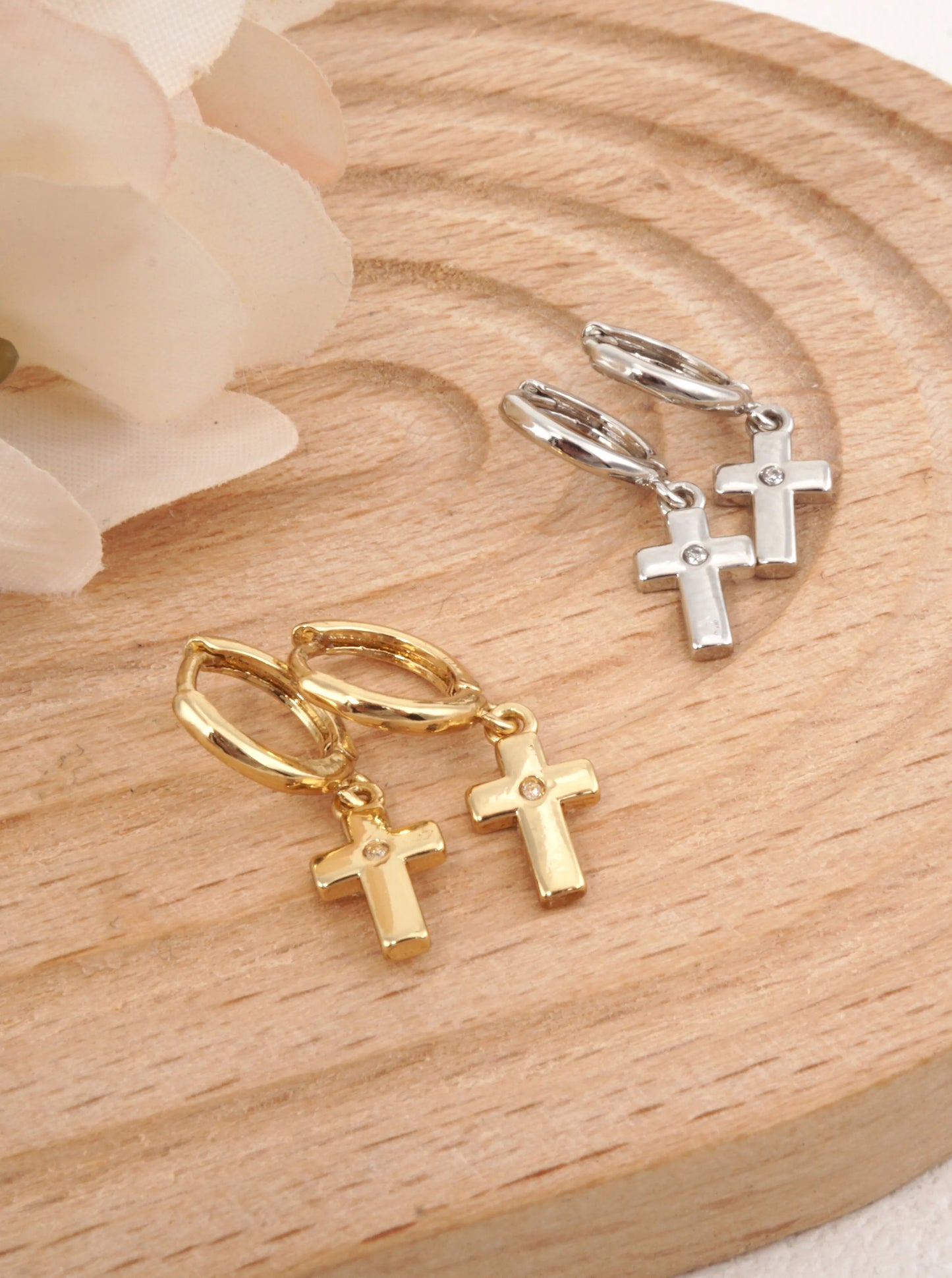 14K Gold-Dipped Cross Charm Huggie Earrings