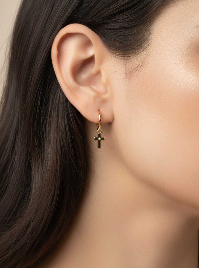14K Gold-Dipped Cross Charm Huggie Earrings