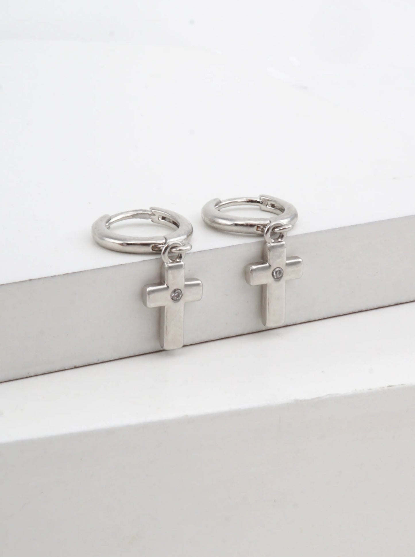14K Gold-Dipped Cross Charm Huggie Earrings