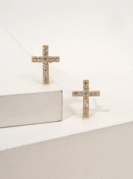 14K Gold-Dipped CZ Cross Stud Earrings
