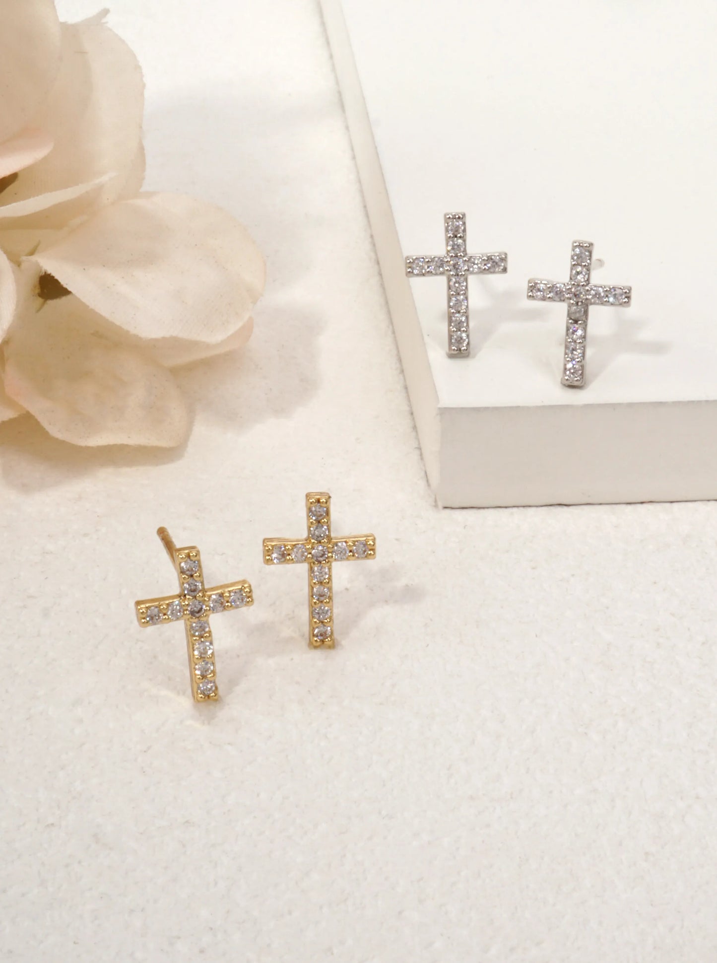 14K Gold-Dipped CZ Cross Stud Earrings