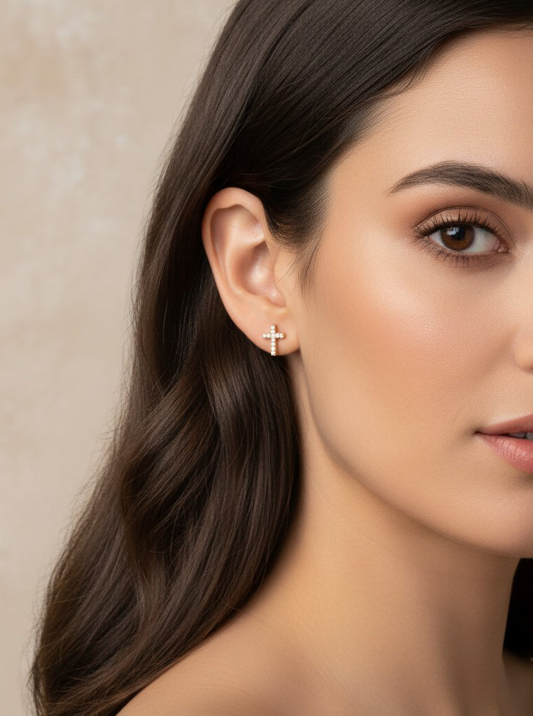14K Gold-Dipped CZ Cross Stud Earrings