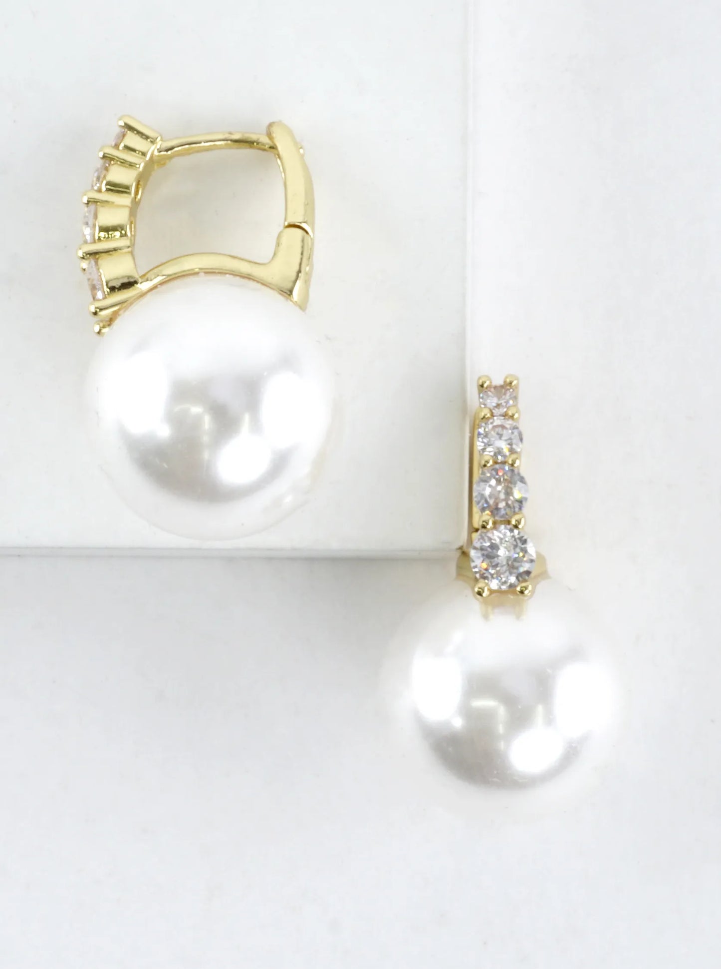 Classic Pave CZ Pearl Drop Huggie Hoop Earrings