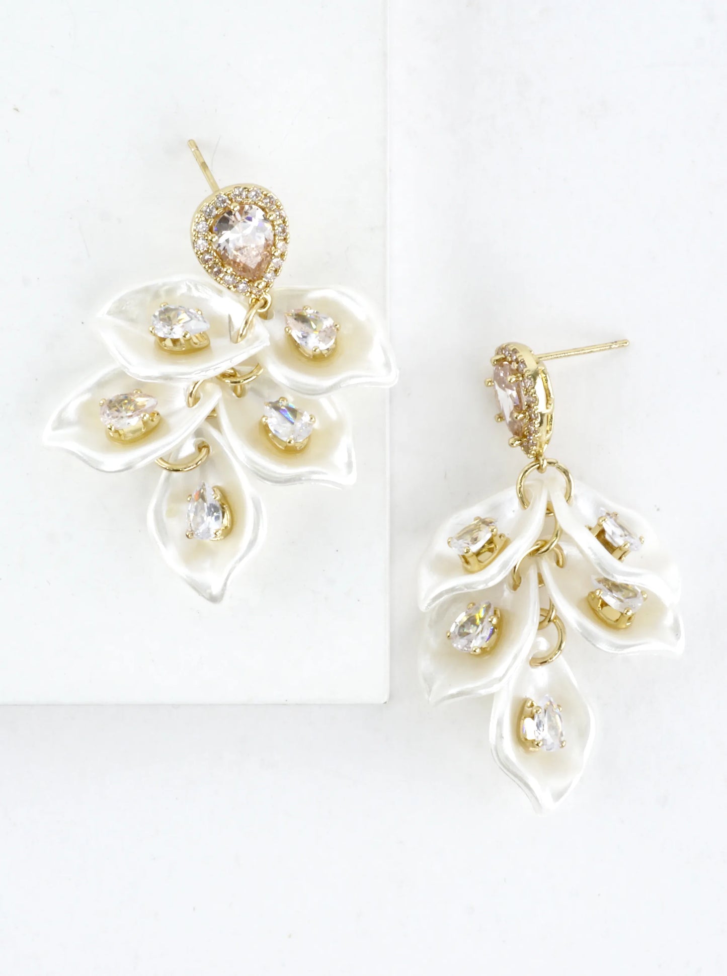 MOP Flower Petals Cluster Drop CZ Earrings