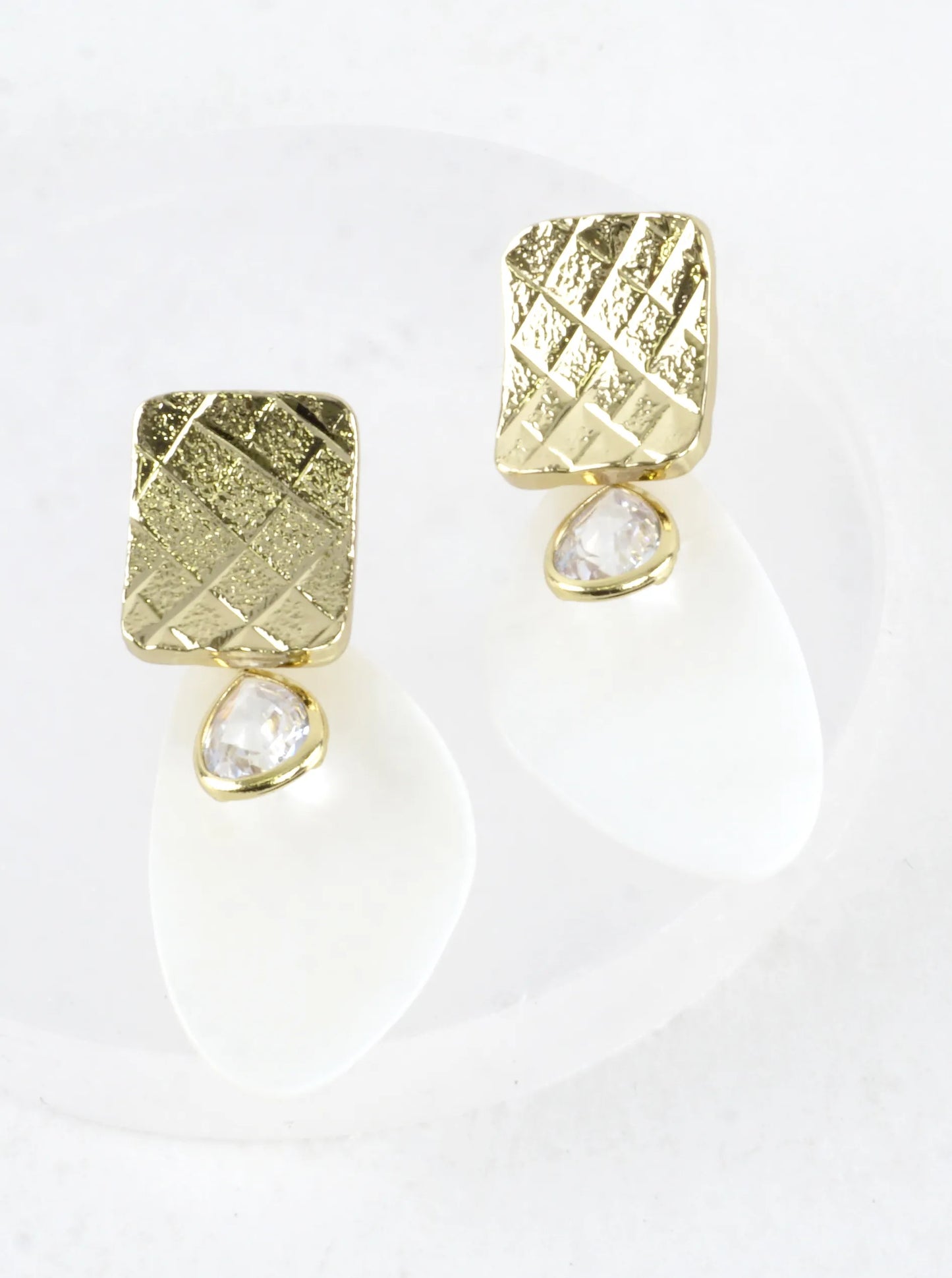 Textured Rectangle CZ Drop Oval Shell Earrings