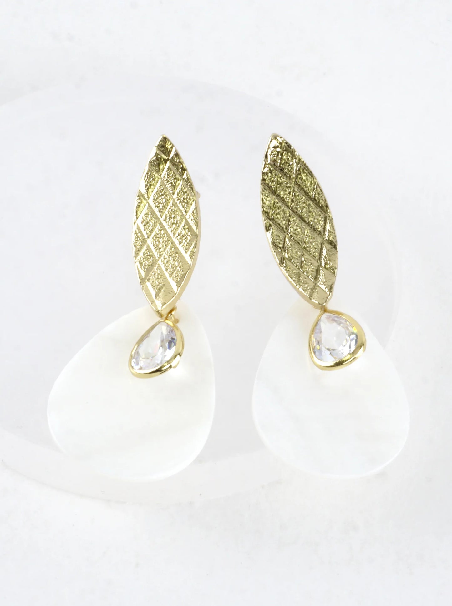 Textured Teardrop Brass CZ Drop Shell Earrings