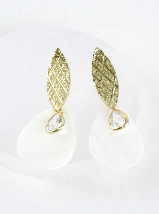 Textured Teardrop Brass CZ Drop Shell Earrings