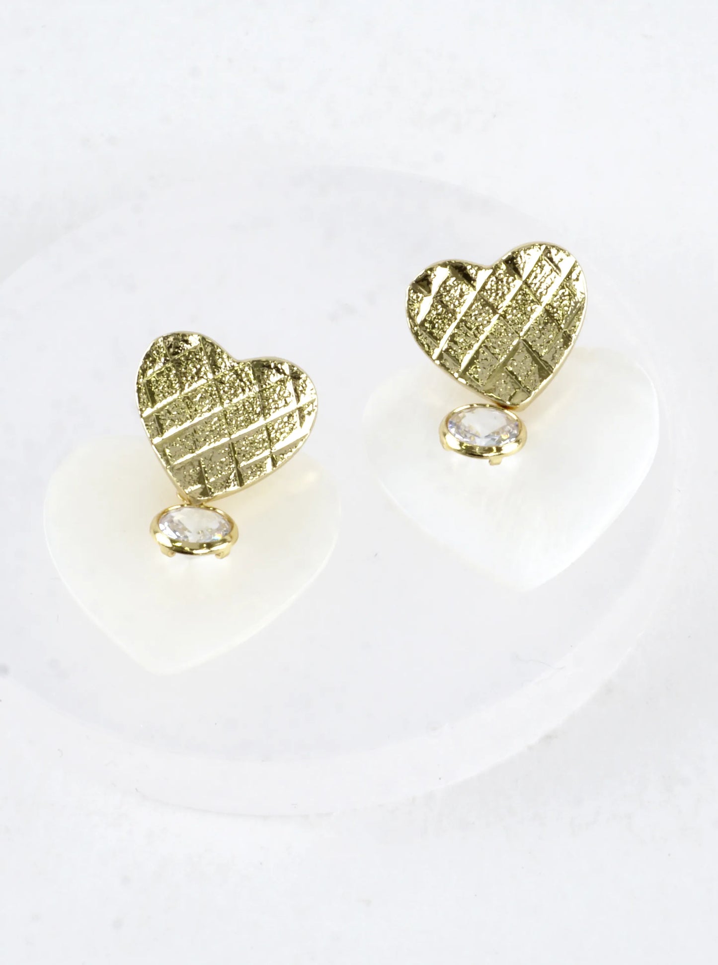 Textured Brass Shell Heart CZ Drop Earrings
