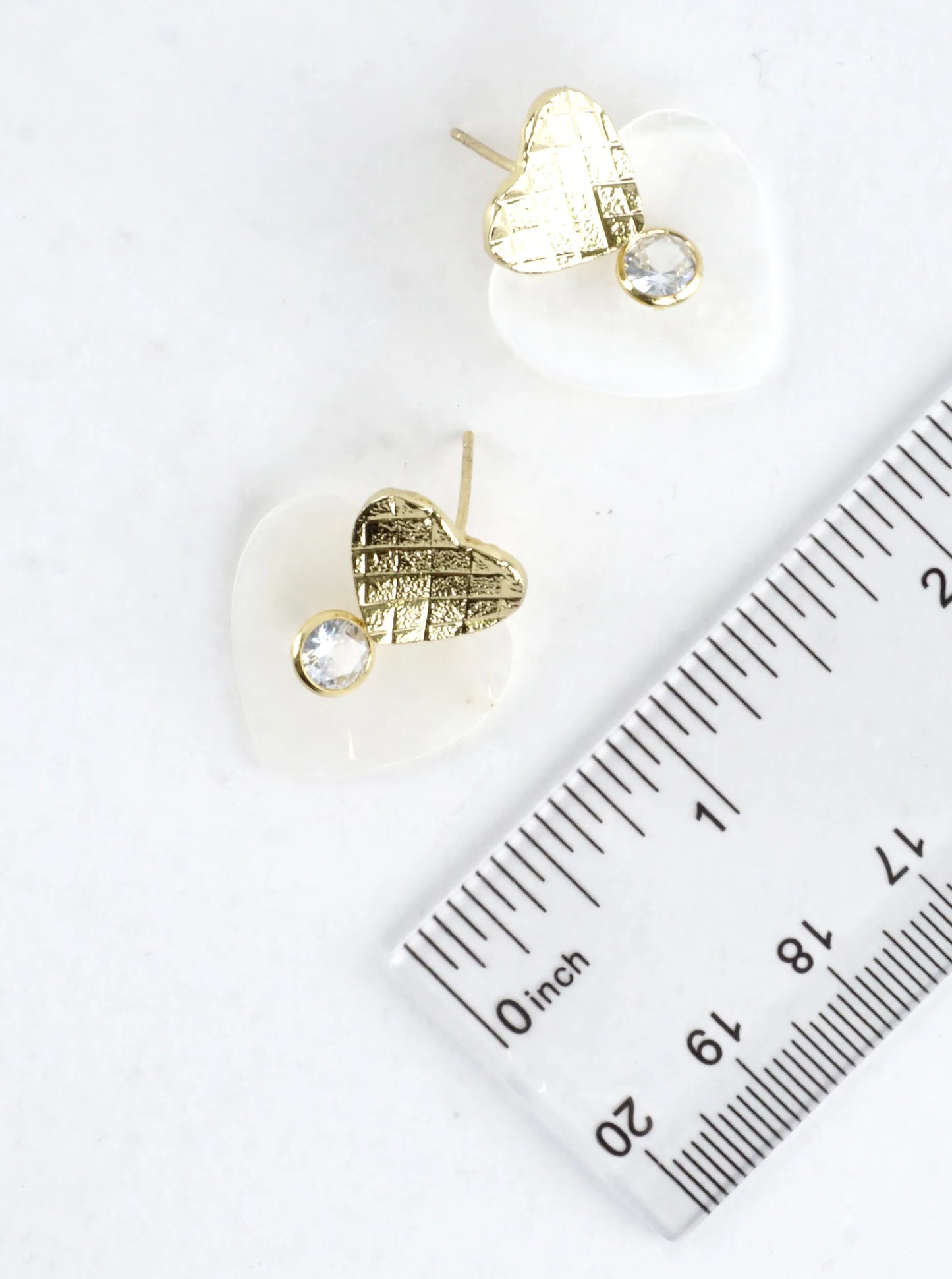 Textured Brass Shell Heart CZ Drop Earrings