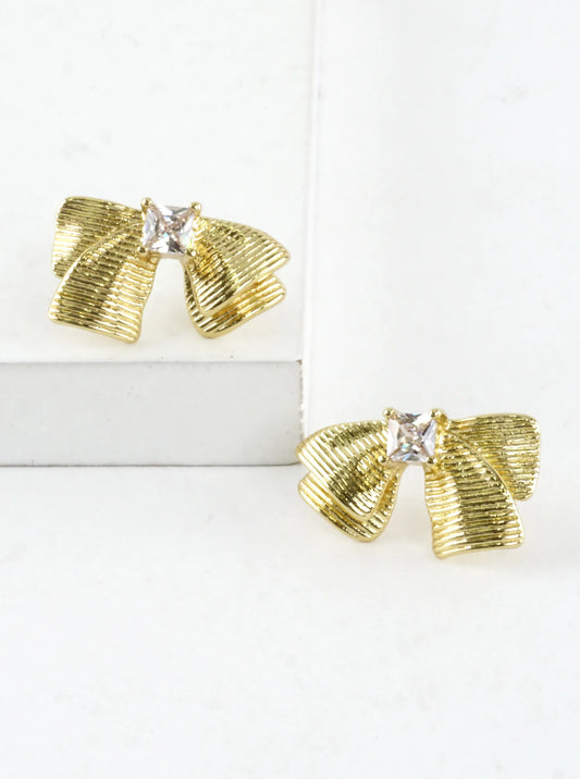 Textured Brass Ribbon Bow Stud Earrings