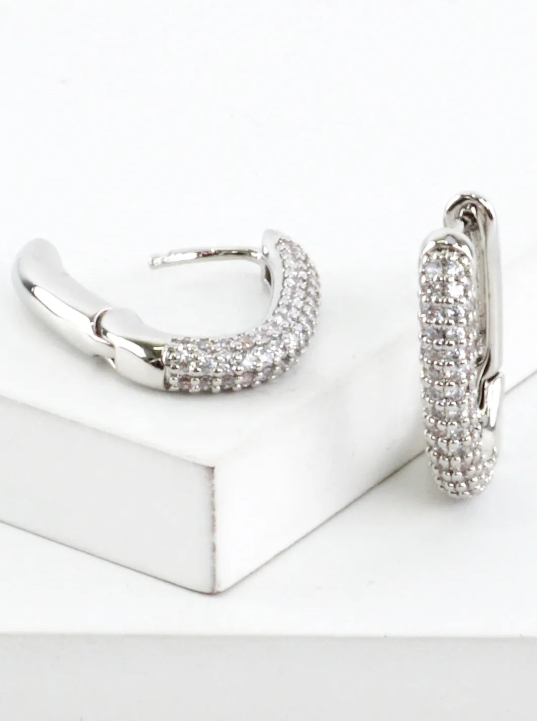 Rectangular Pave Cubic Zirconia Hoop Earrings