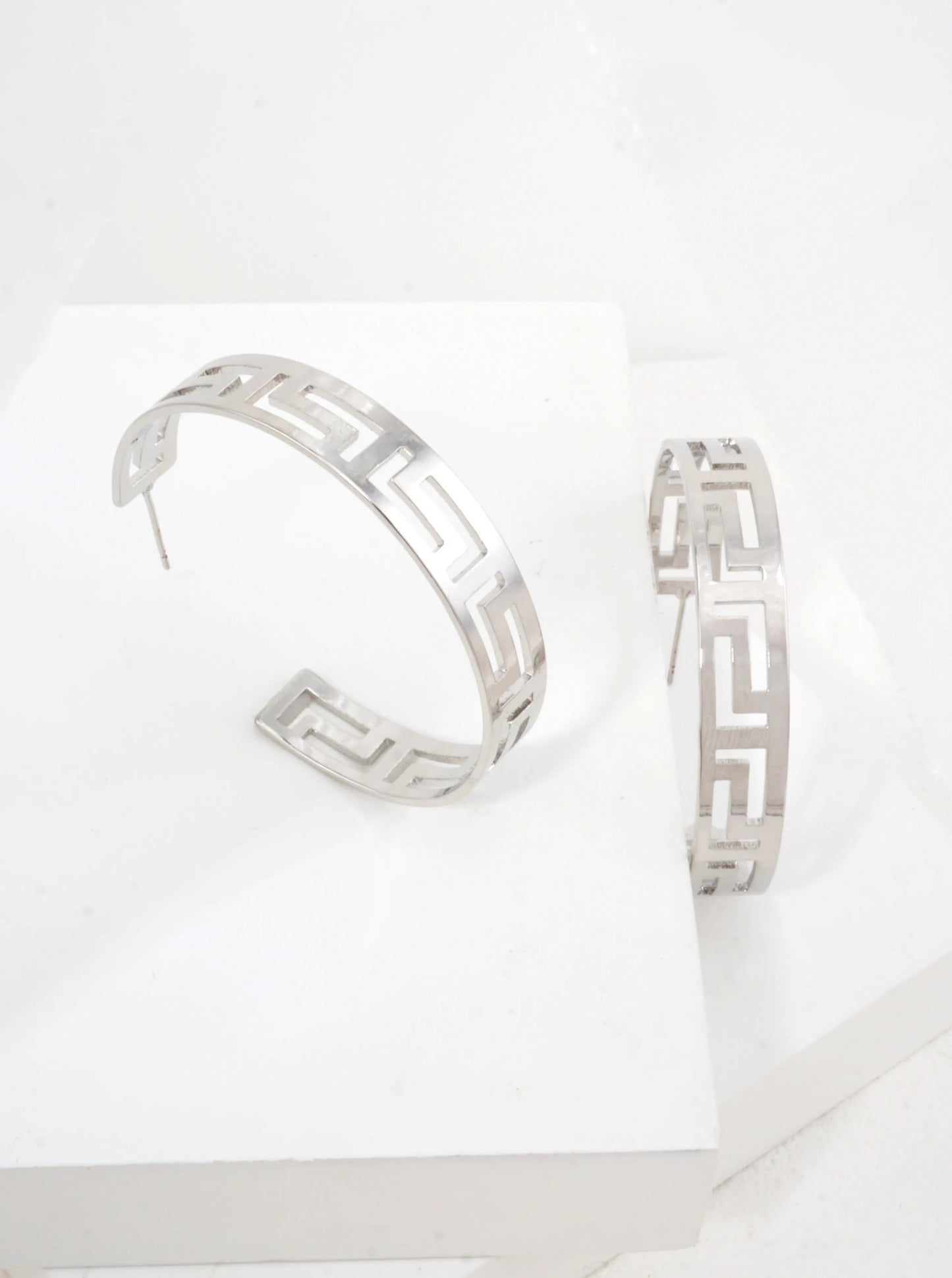 White Gold Dipped Greek Key Open Hoop Earrings