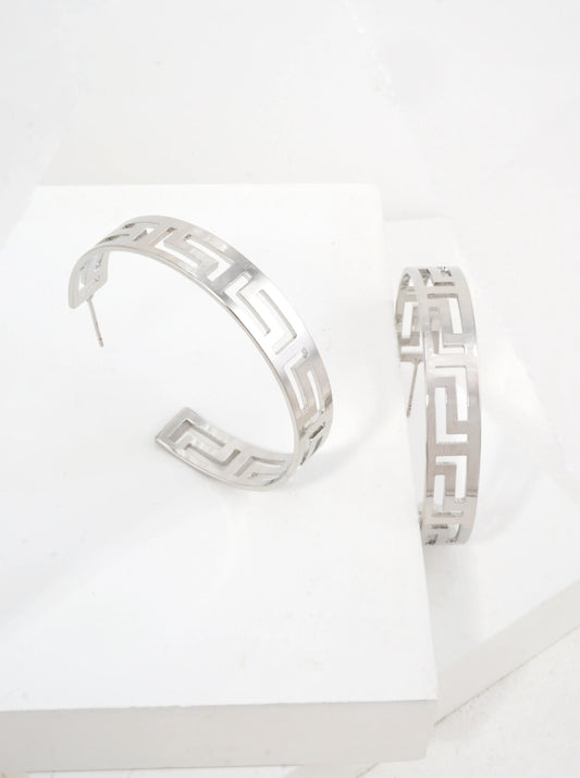 White Gold Dipped Greek Key Open Hoop Earrings