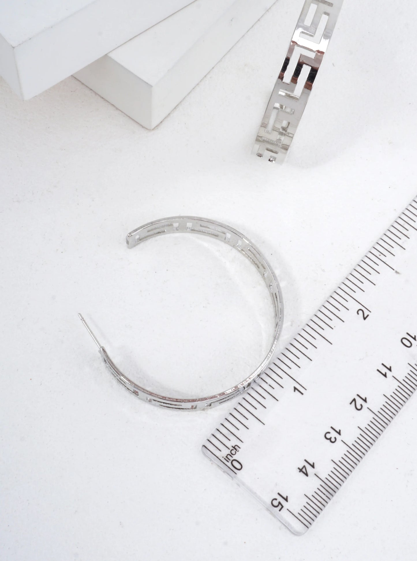 White Gold Dipped Greek Key Open Hoop Earrings