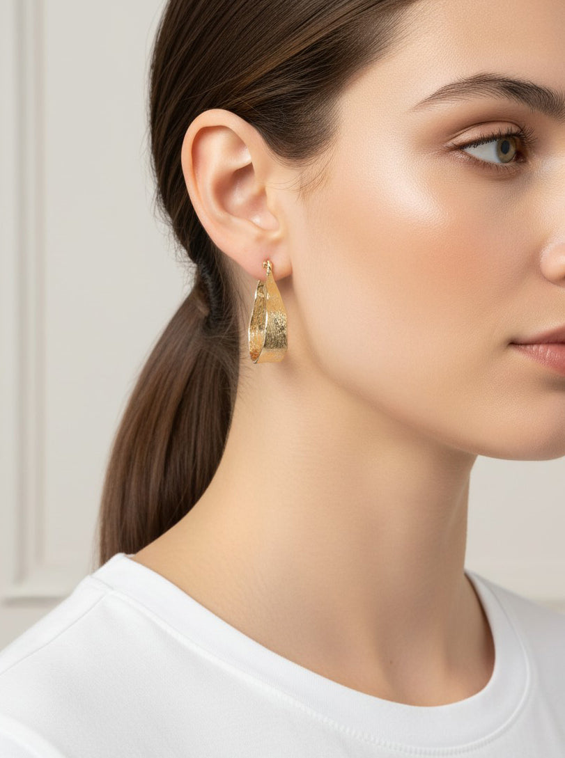 Gold Plated Textured Teardrop Hoop Earring