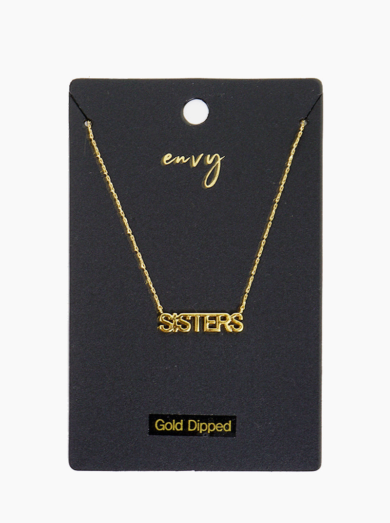 SISTERS Word Pendant Brass Necklace 18K Gold Dipped