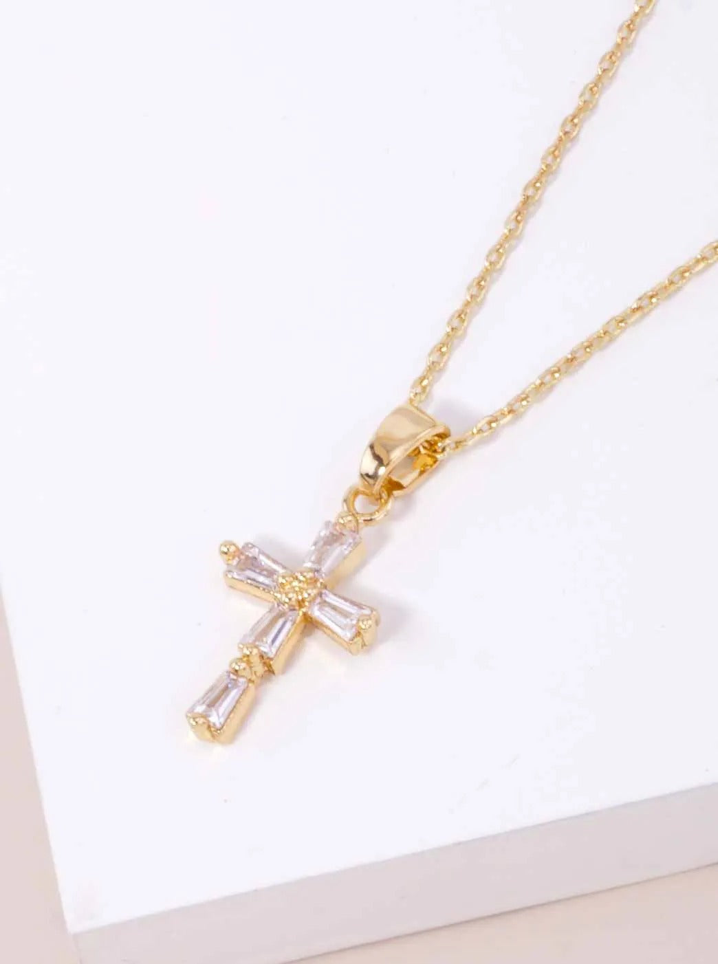 14K-Gold Dipped CZ Baguette Cross Pendant Necklace - Gold Dipped