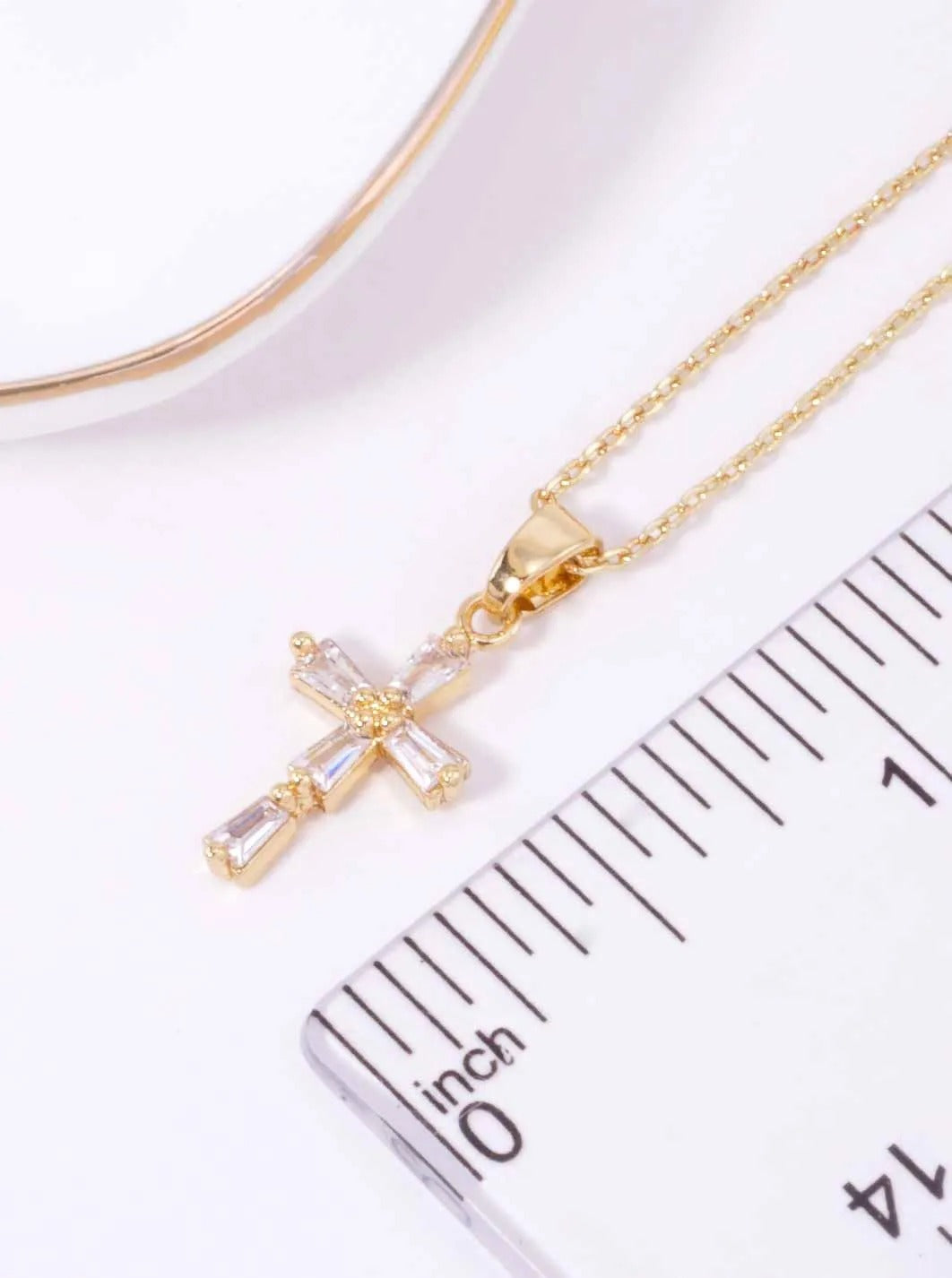 14K-Gold Dipped CZ Baguette Cross Pendant Necklace - Gold Dipped