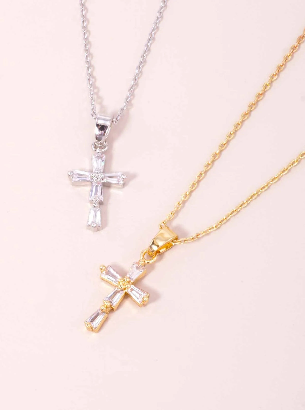 14K-Gold Dipped CZ Baguette Cross Pendant Necklace - Gold Dipped