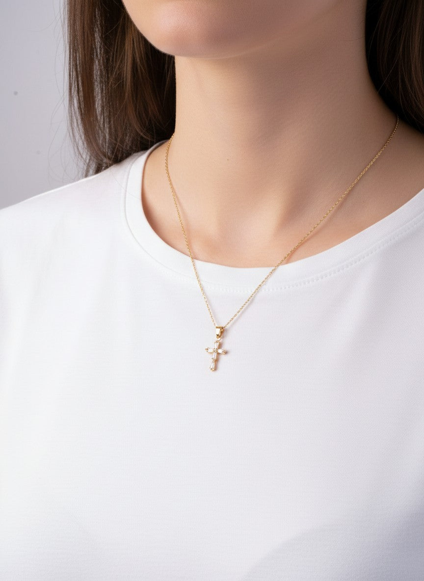 14K-Gold Dipped CZ Baguette Cross Pendant Necklace - Gold Dipped