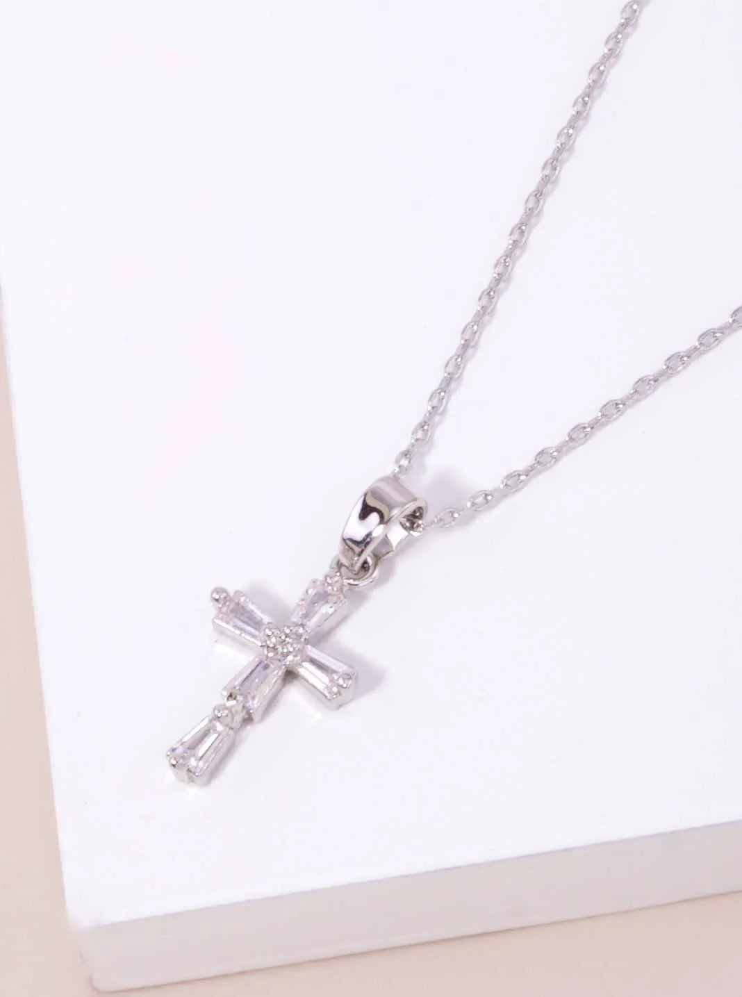 14K-Gold Dipped CZ Baguette Cross Pendant Necklace - White Gold Dipped