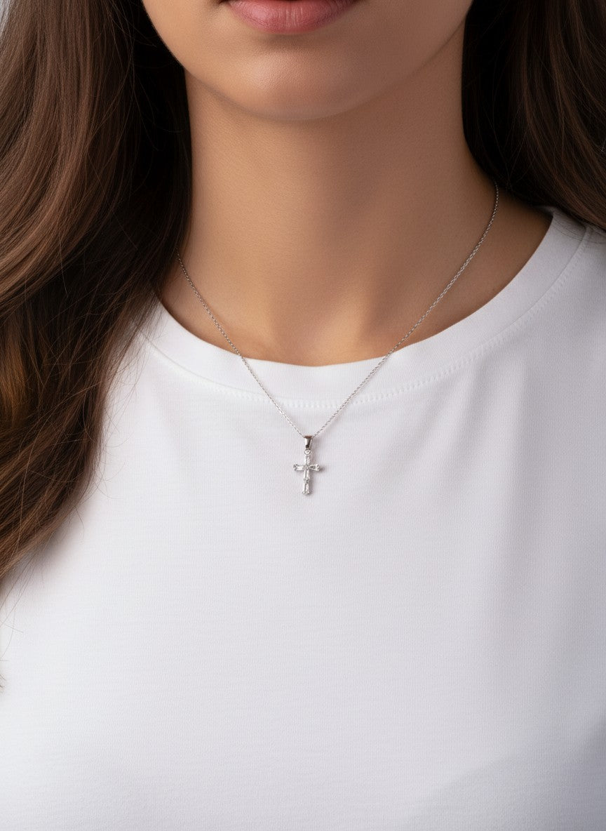 14K-Gold Dipped CZ Baguette Cross Pendant Necklace - White Gold Dipped