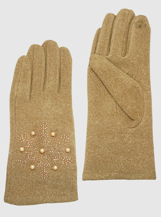 SNOWFLAKE DECORATED WITH PEARL BEADS TOUCHSCREEN COMPATIBLE GLOVES