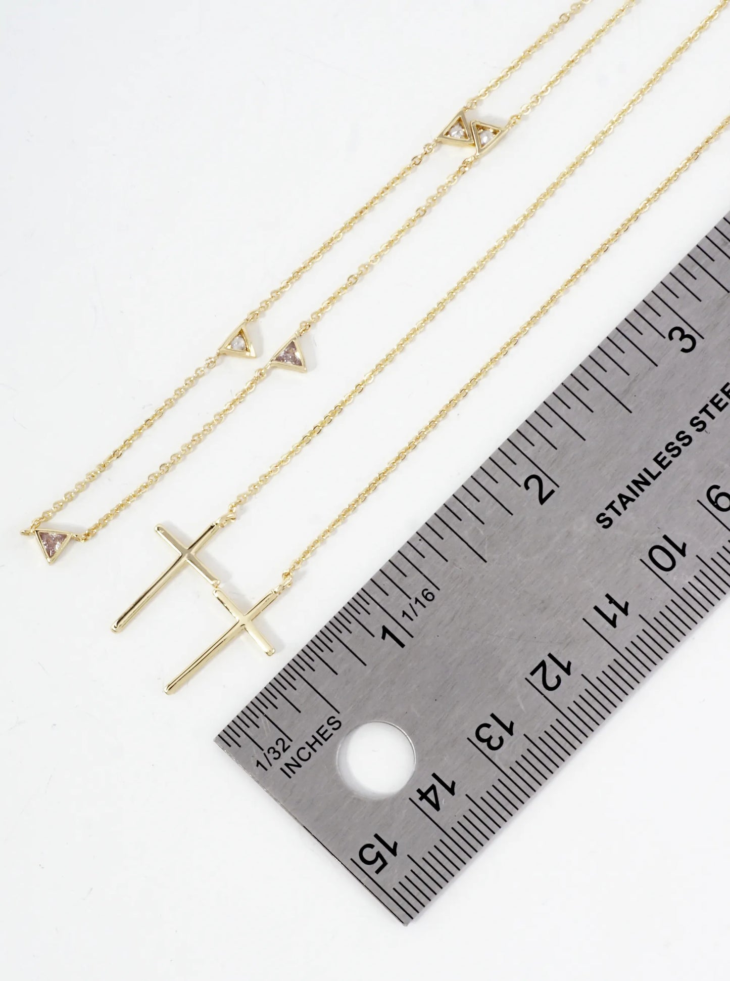 Satellite-Style Triangle Cubic-Zirconia Accents Brass Cross Drop 18K-Gold-Dipped Face-Chain