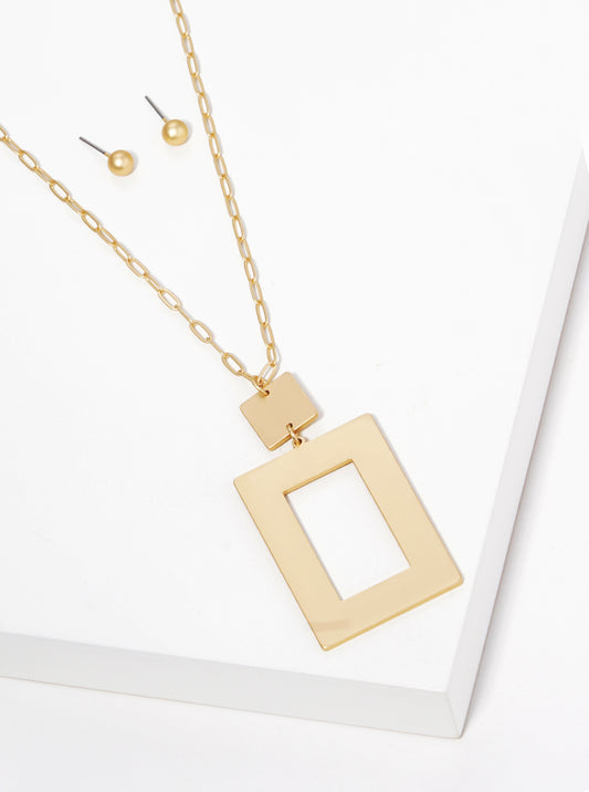 Satin Metal Geometric Flat Rectangle Pendant Long Necklace Set With Earrings