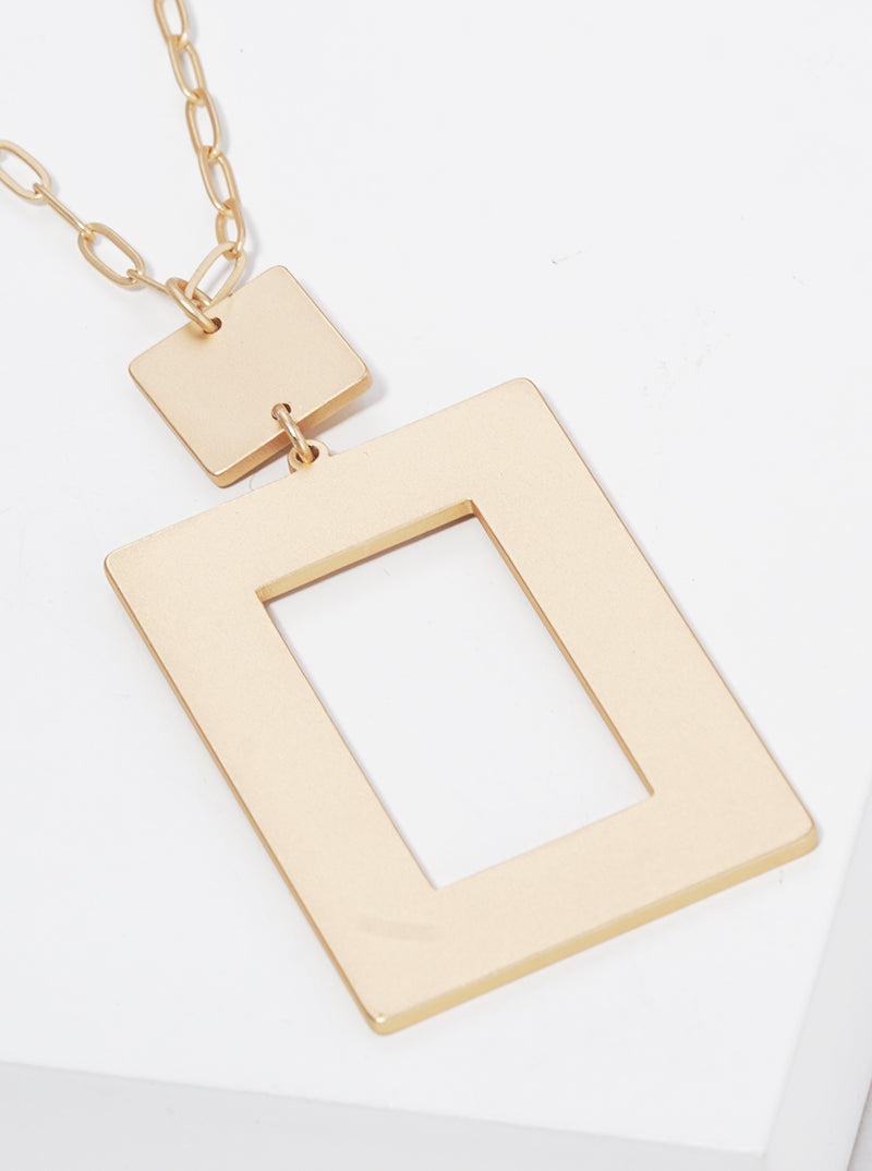 Satin Metal Geometric Flat Rectangle Pendant Long Necklace Set With Earrings