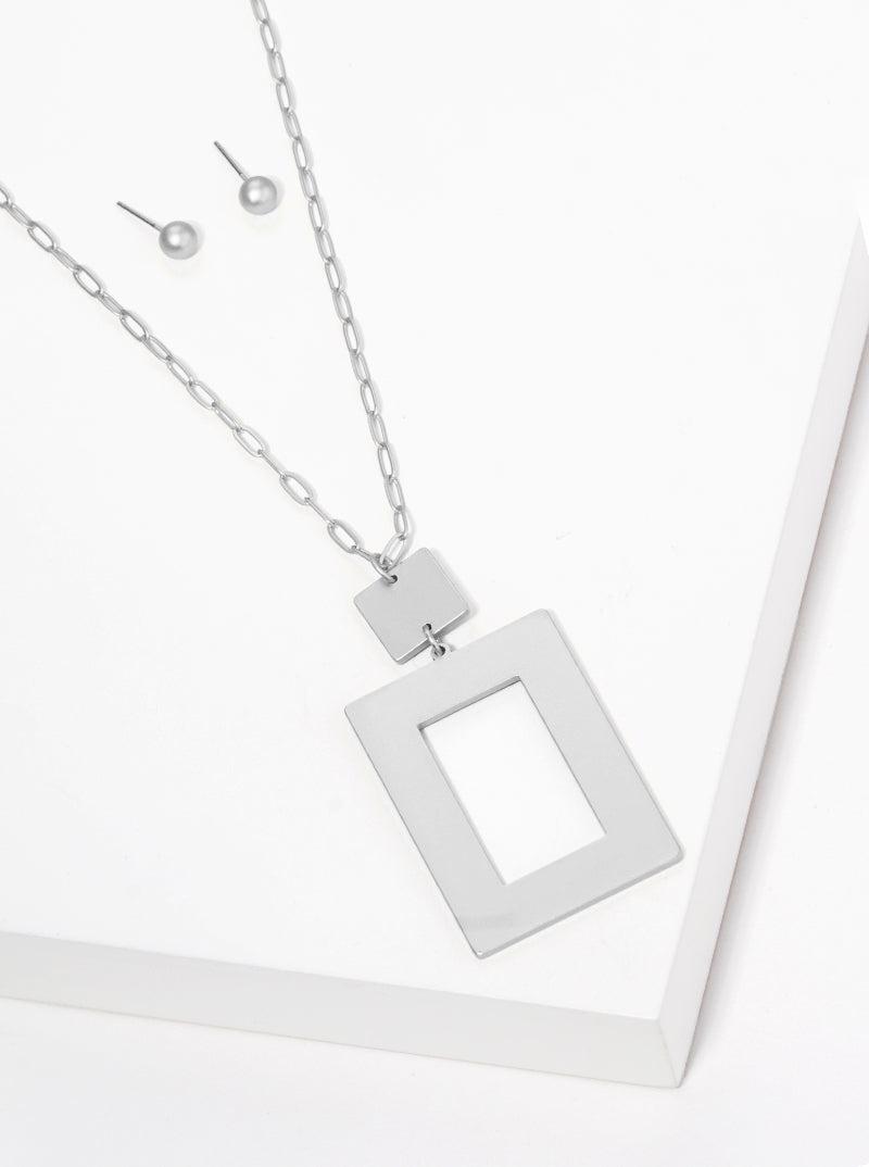 Satin Metal Geometric Flat Rectangle Pendant Long Necklace Set With Earrings