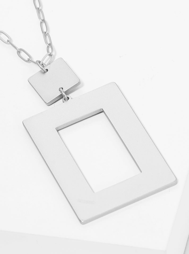 Satin Metal Geometric Flat Rectangle Pendant Long Necklace Set With Earrings