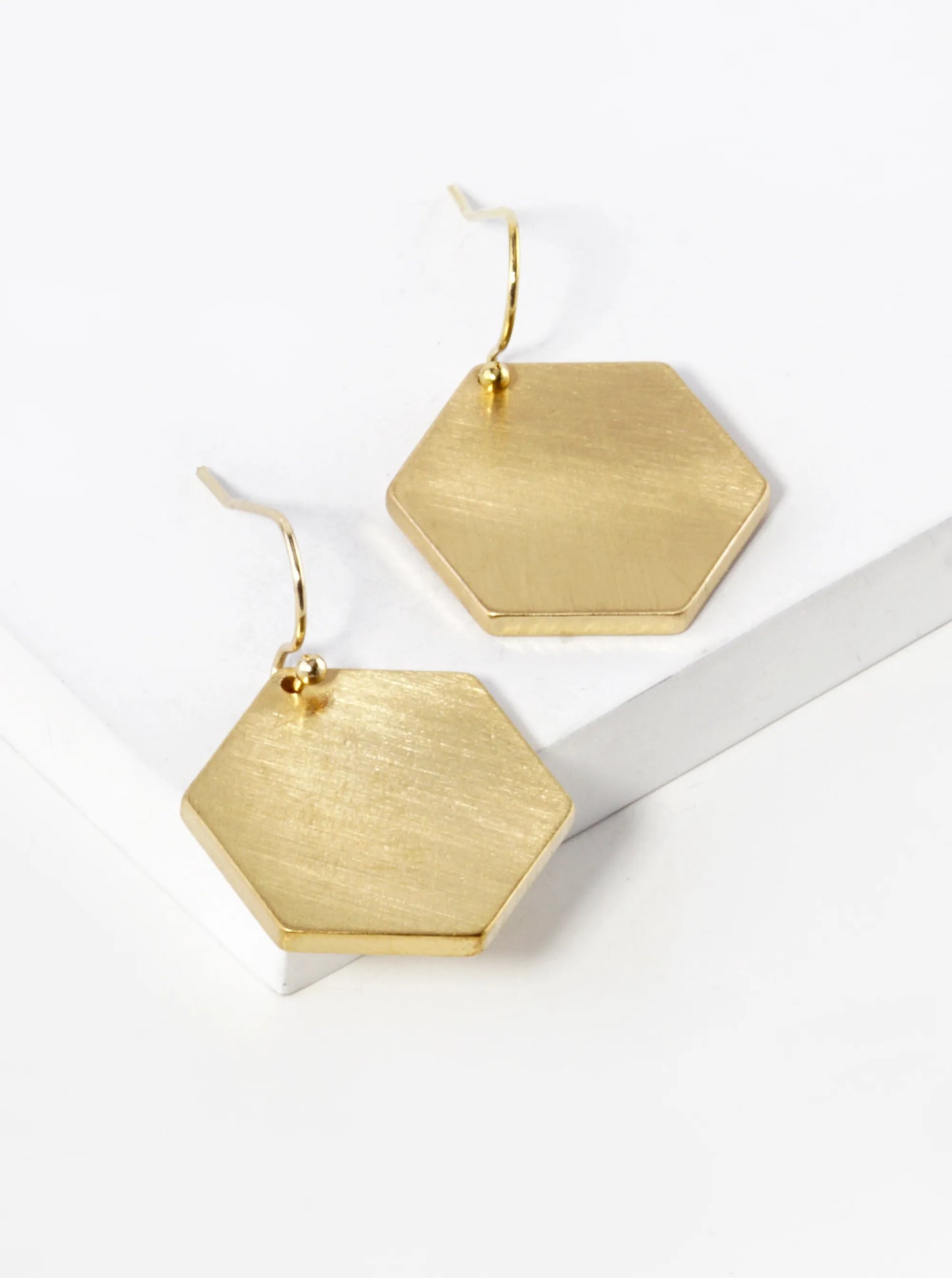Satin Textured Brass Hexagon Drop Dangle Earrings