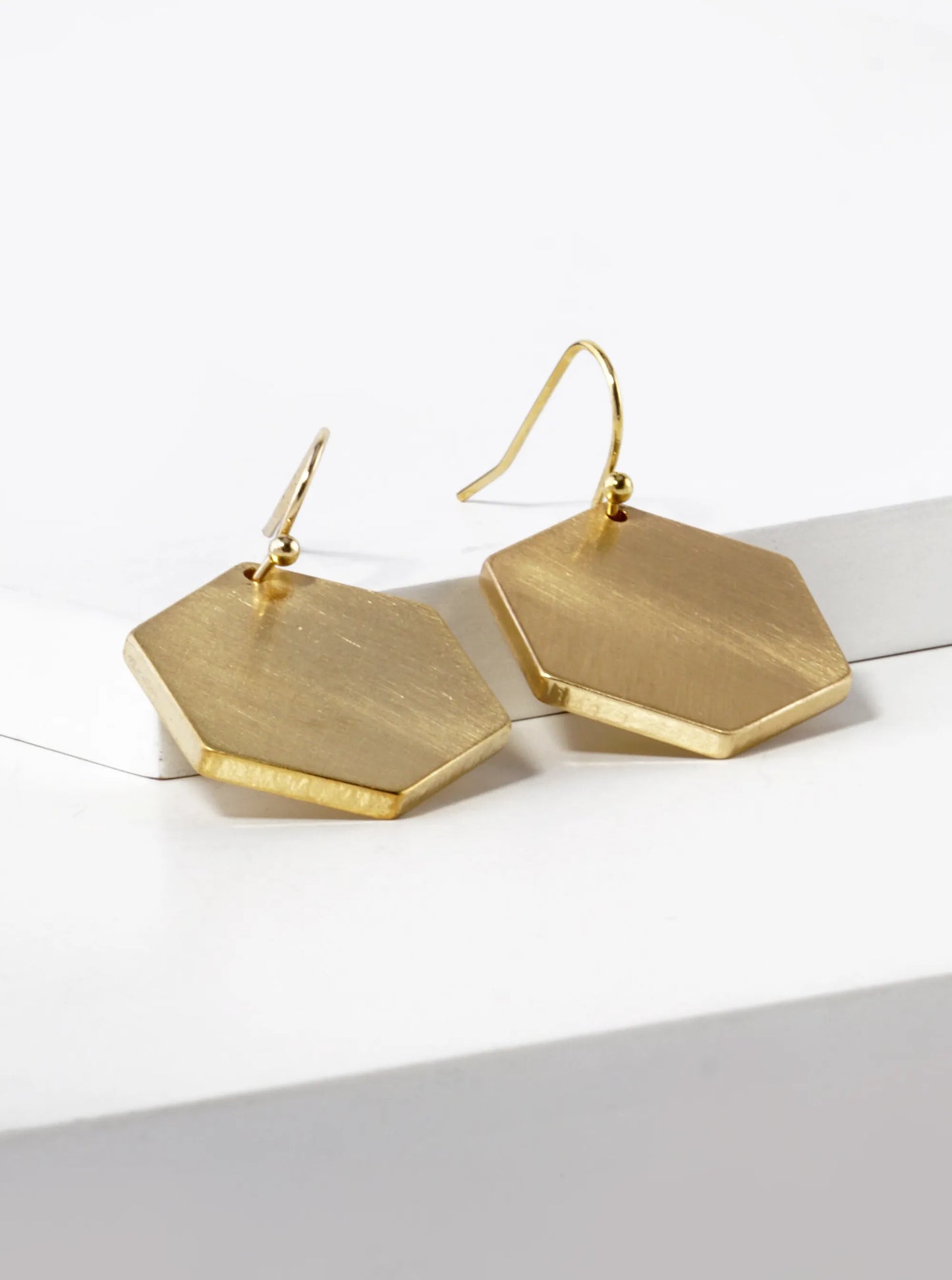 Satin Textured Brass Hexagon Drop Dangle Earrings