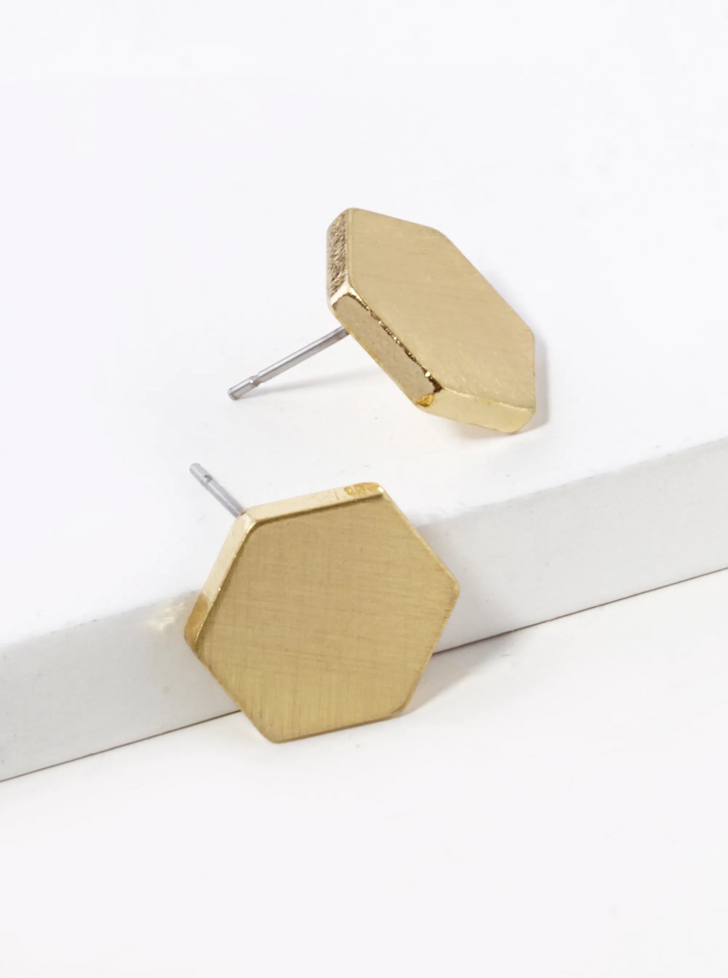 Satin Textured Brass Hexagon Post Button Earrings