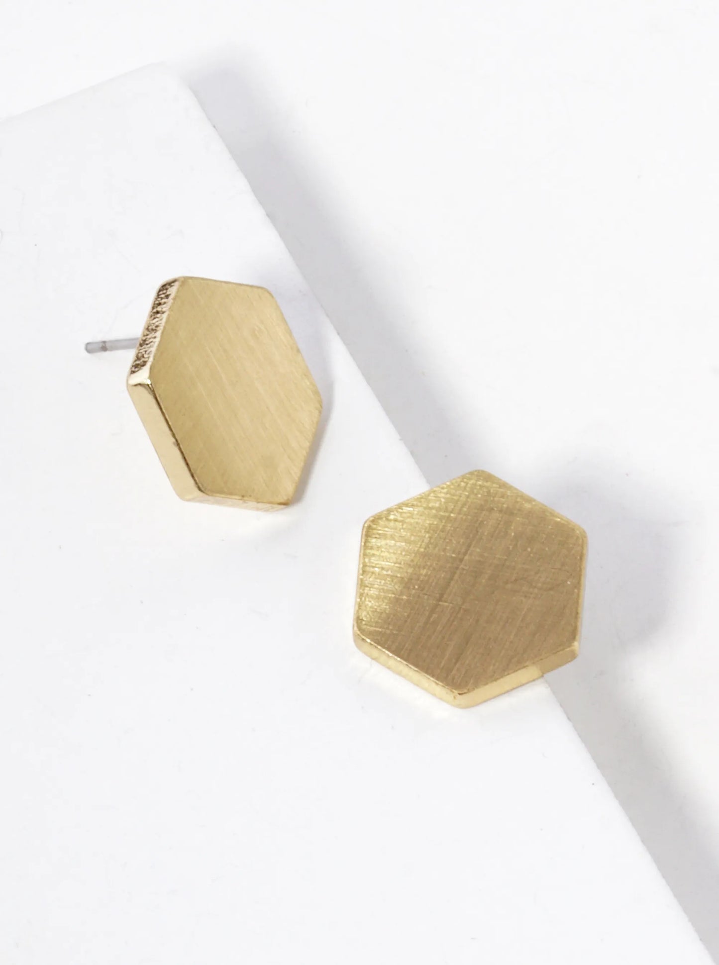 Satin Textured Brass Hexagon Post Button Earrings