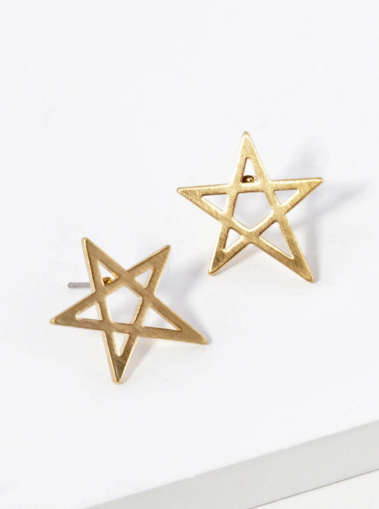 Satin Textured Brass Star Stud Earrings