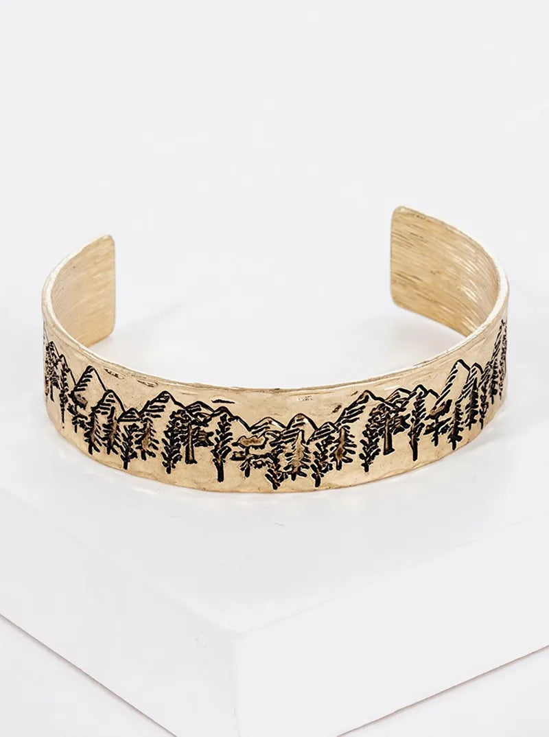 Scenic Mountain Engraved Metal Open Cuff Bracelet